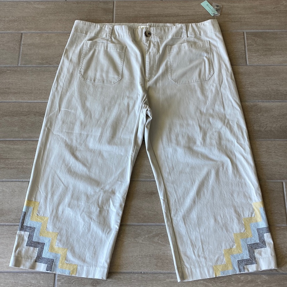 Maeve by Anthropologie Tan Wide Leg Pants with Embroidered Hem Detail Size: 16W